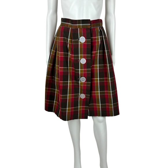Vintage 50s Plaid Skirt Womens Size XS Button Up Front Brown Red Academia Cotton - Picture 1 of 9